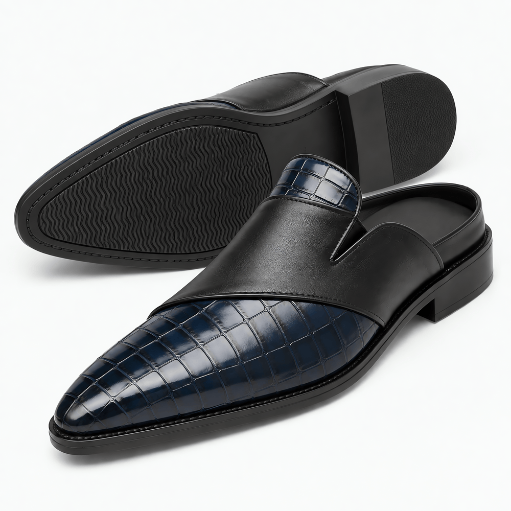 Gentry Morris Men's Navy & Black Crocodile-Embossed Pointed Toe Mule Loafers