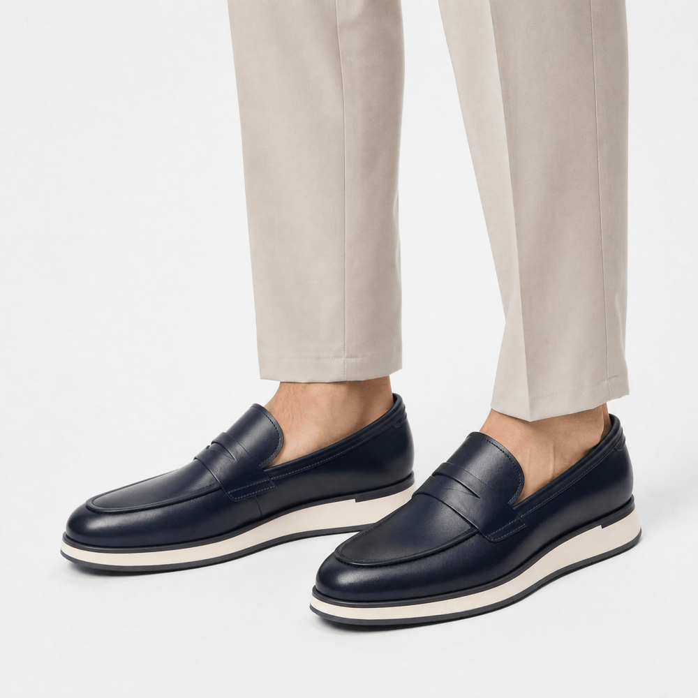 Gentry Morris Men's Navy Blue Genuine Leather Penny Slip-On Loafers
