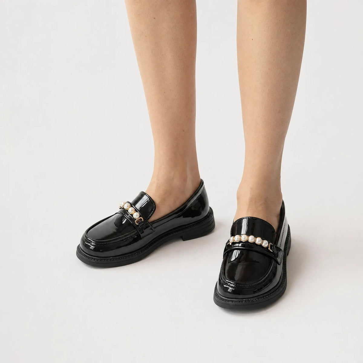 Gentry Morris Pearl Detail Black Loafers Chunky