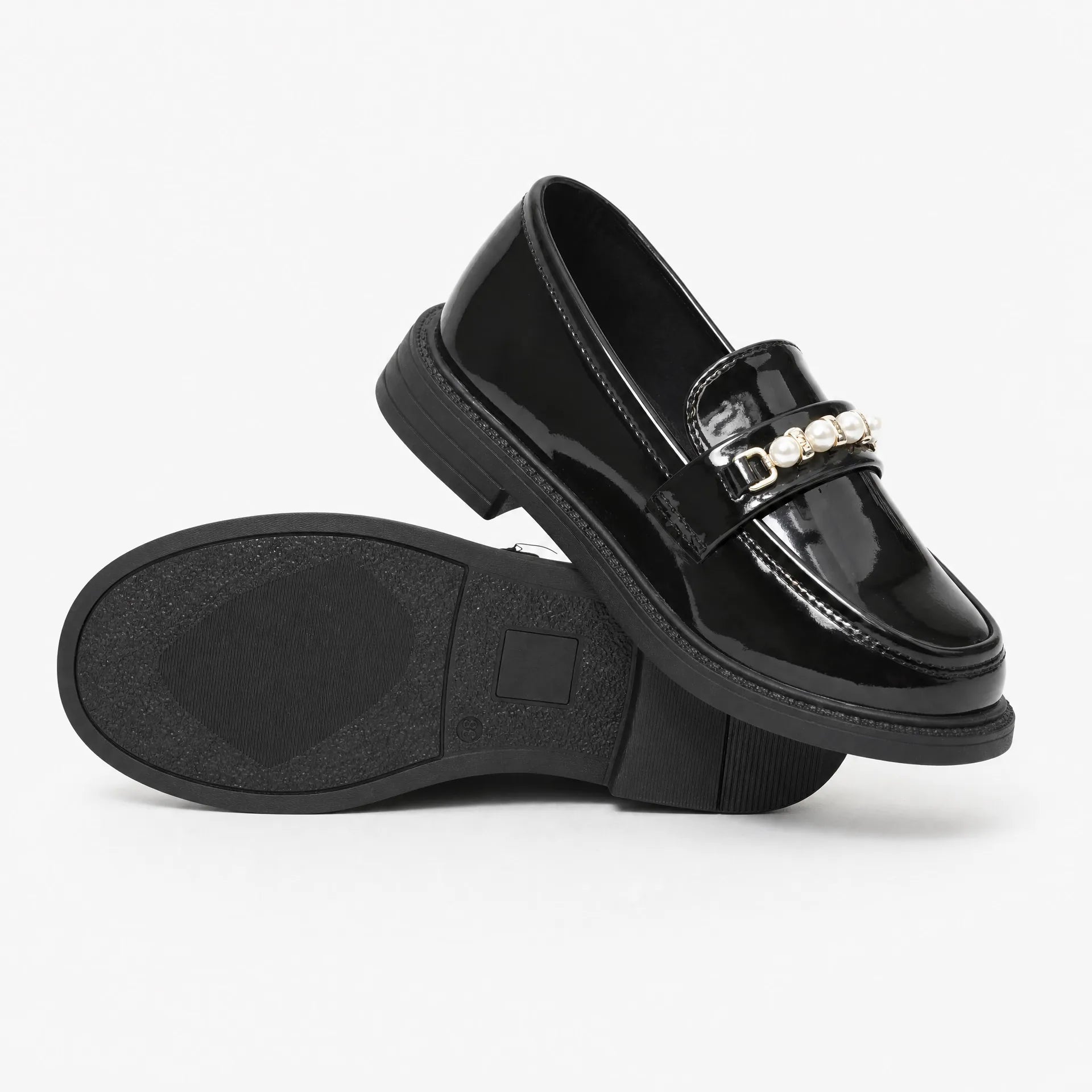 Gentry Morris Pearl Detail Black Loafers Chunky