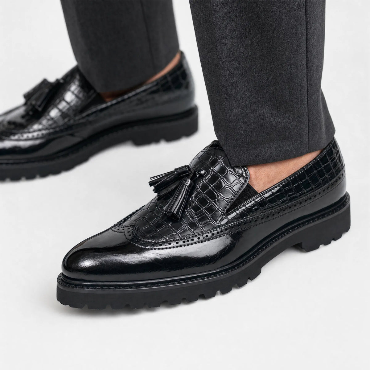 Gentry Morris Platform Tassel Loafers Crocodile Embossed