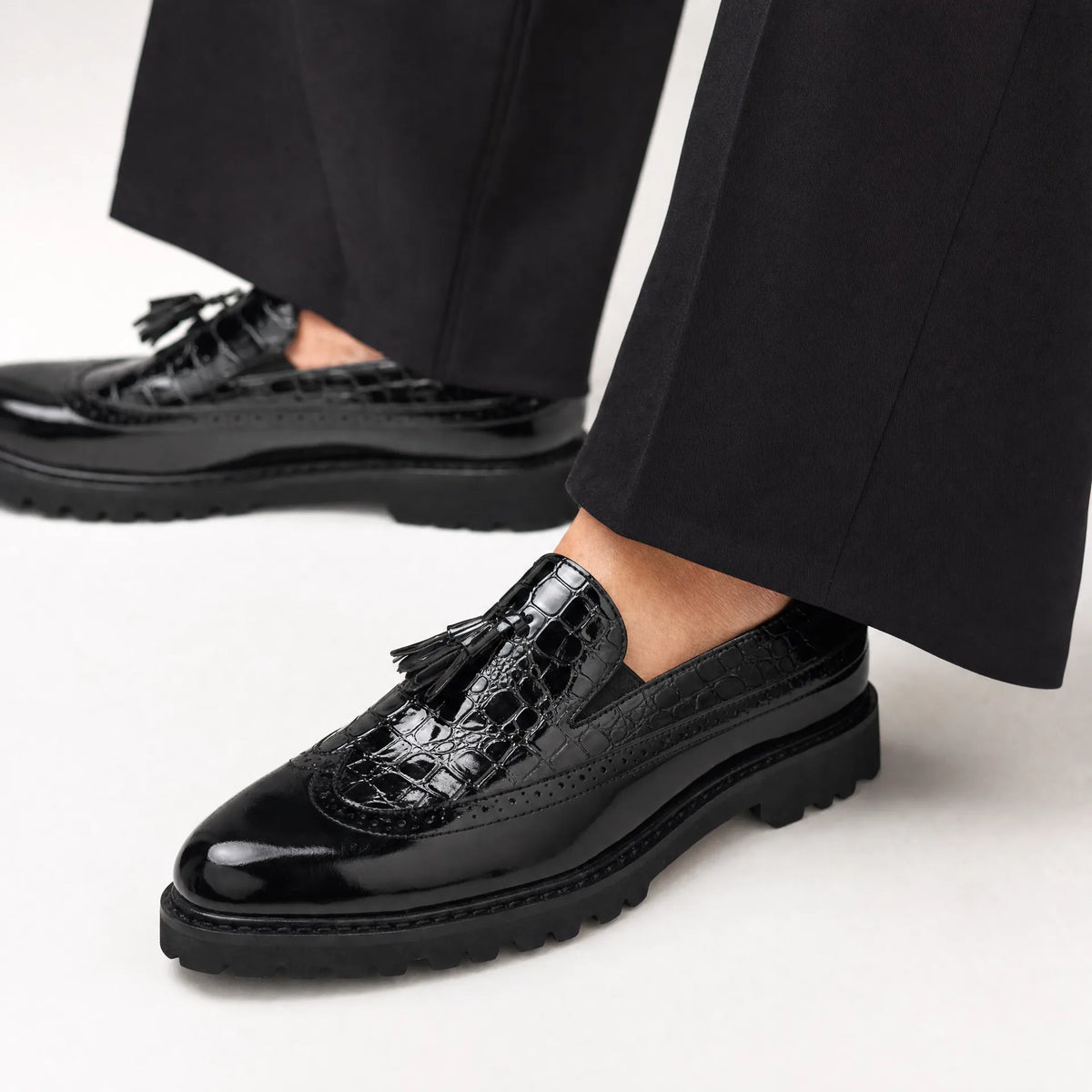 Gentry Morris Platform Tassel Loafers Crocodile Embossed