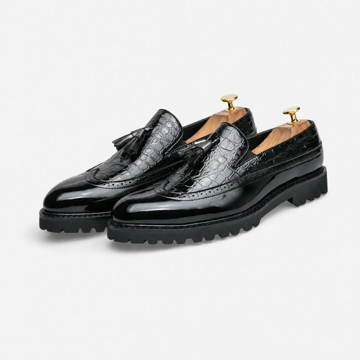 Gentry Morris Platform Tassel Loafers Crocodile Embossed