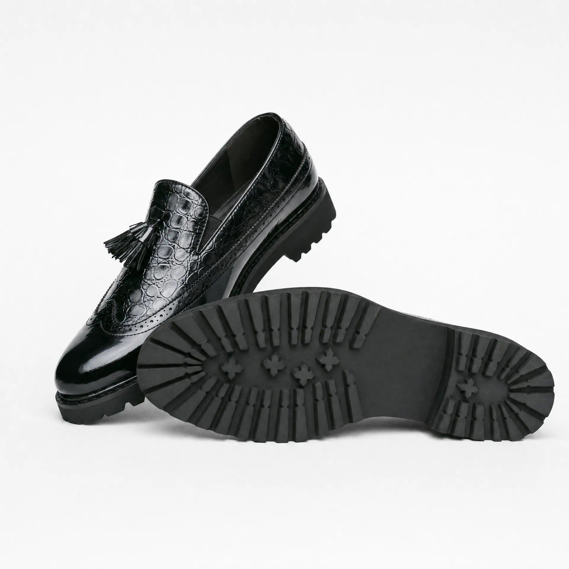 Gentry Morris Platform Tassel Loafers Crocodile Embossed