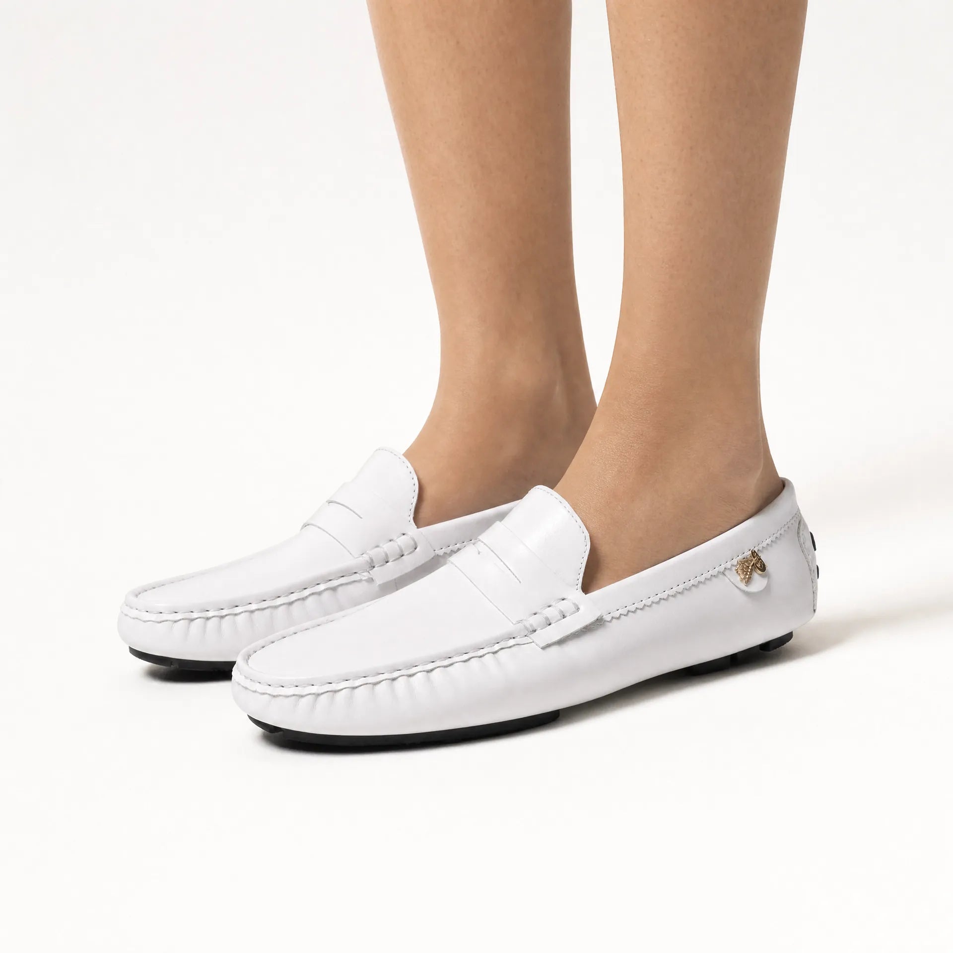 Gentry Morris White Driving Loafers Gold Bee