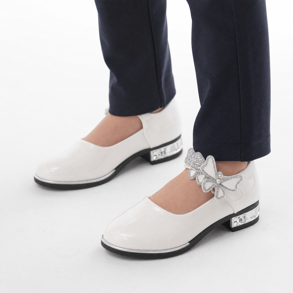 Gentry Morris White Patent Heeled Loafers Butterfly