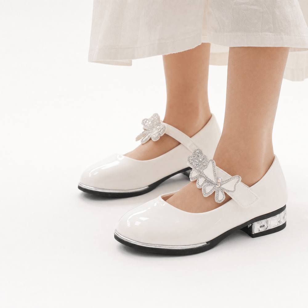 Gentry Morris White Patent Heeled Loafers Butterfly