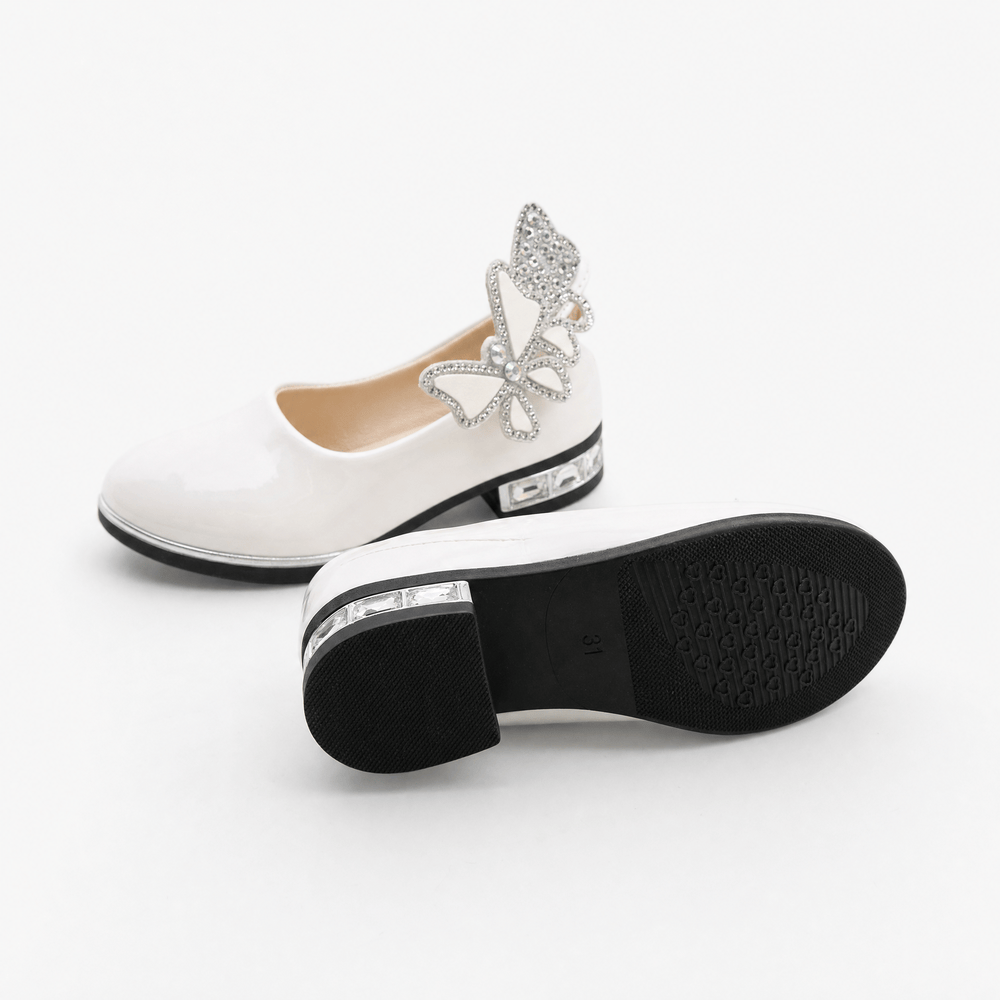 Gentry Morris White Patent Heeled Loafers Butterfly