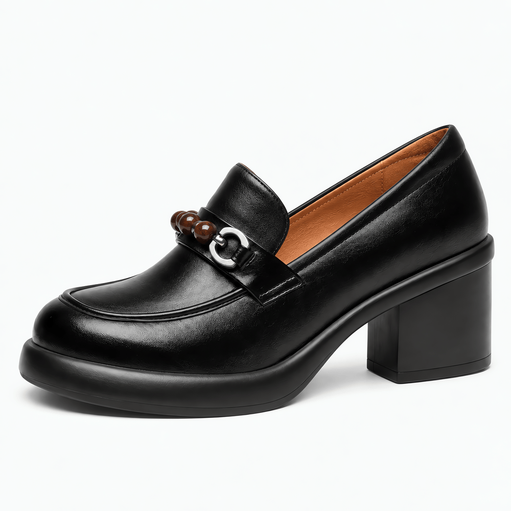 Gentry Morris Women's Black Leather Loafers with Chunky Heel and Beaded Buckle