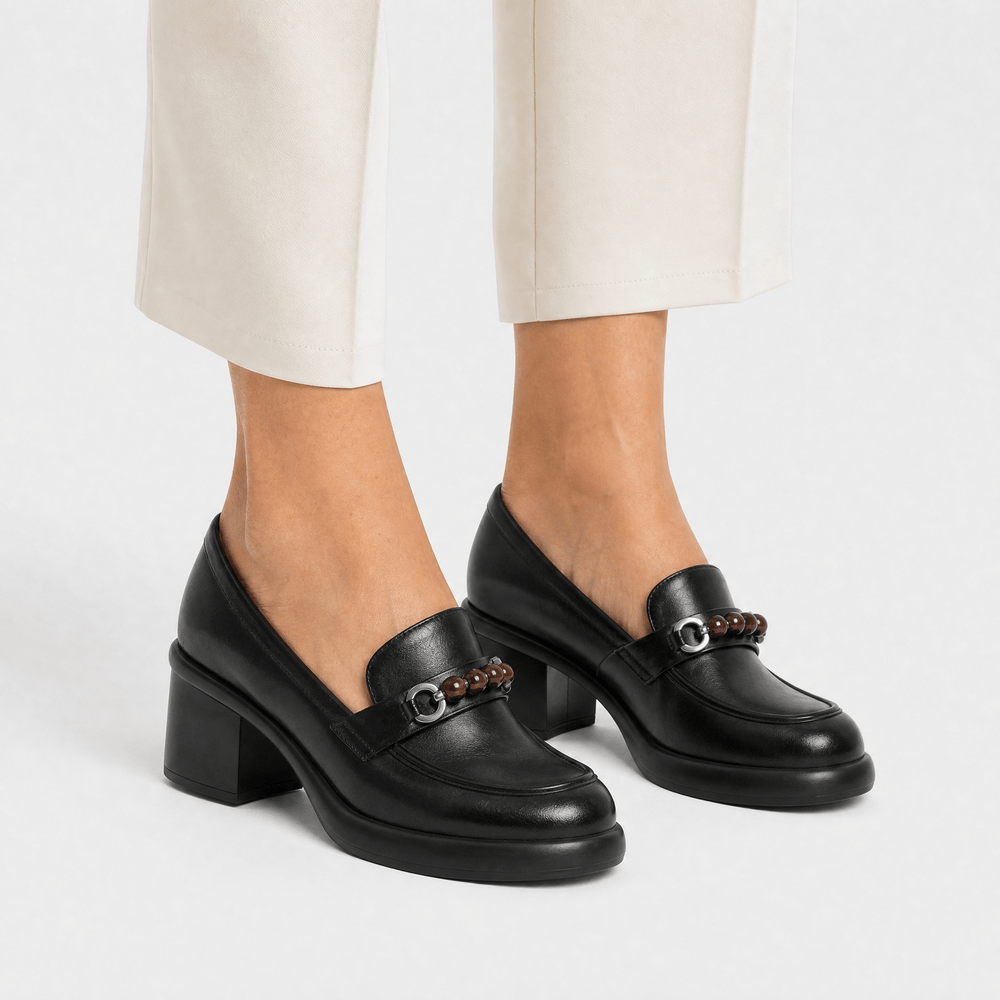 Gentry Morris Women's Black Leather Loafers with Chunky Heel and Beaded Buckle