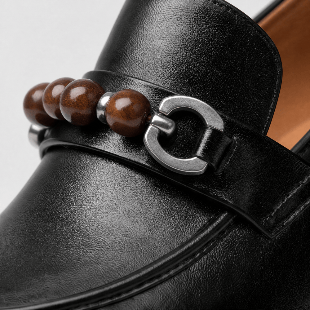 Gentry Morris Women's Black Leather Loafers with Chunky Heel and Beaded Buckle
