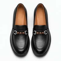 Gentry Morris Women's Black Leather Loafers with Chunky Heel and Beaded Buckle