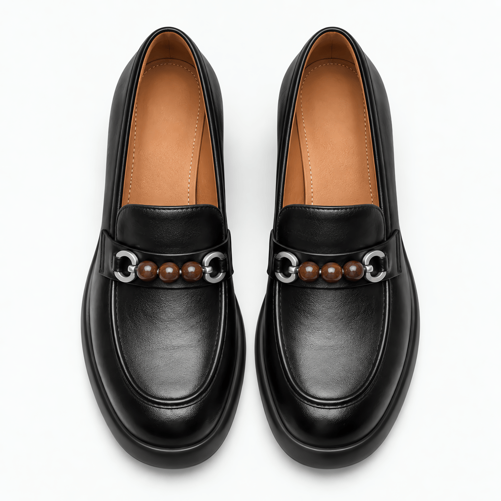 Gentry Morris Women's Black Leather Loafers with Chunky Heel and Beaded Buckle