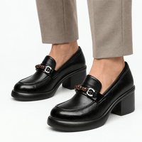 Gentry Morris Women's Black Leather Loafers with Chunky Heel and Beaded Buckle