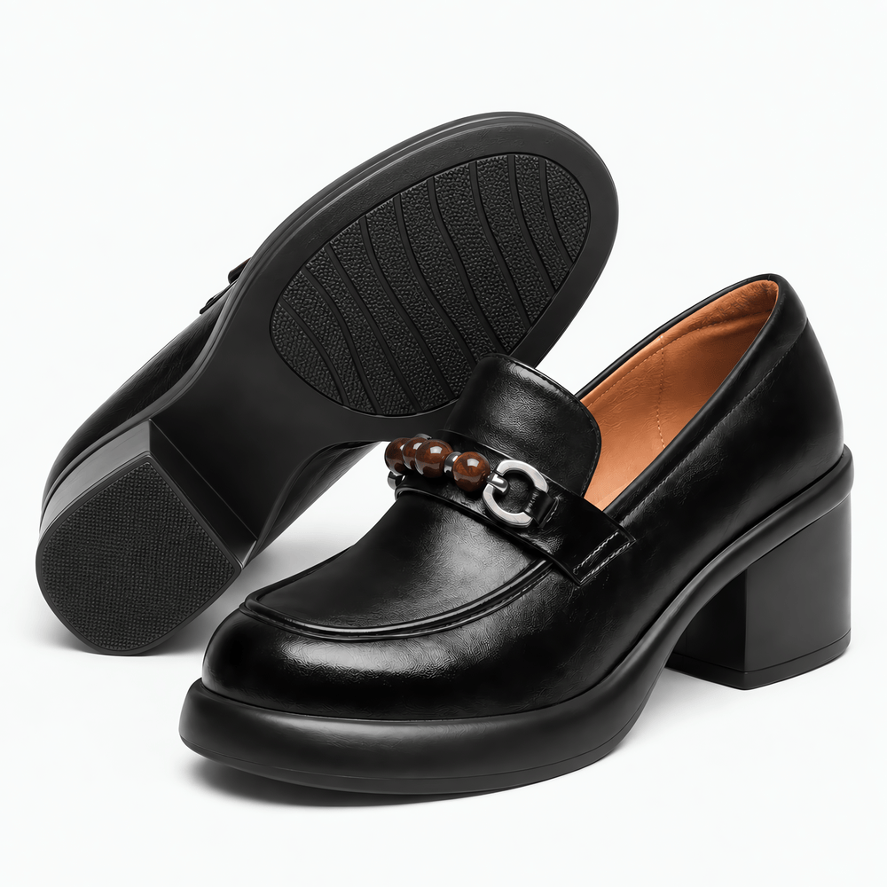 Gentry Morris Women's Black Leather Loafers with Chunky Heel and Beaded Buckle