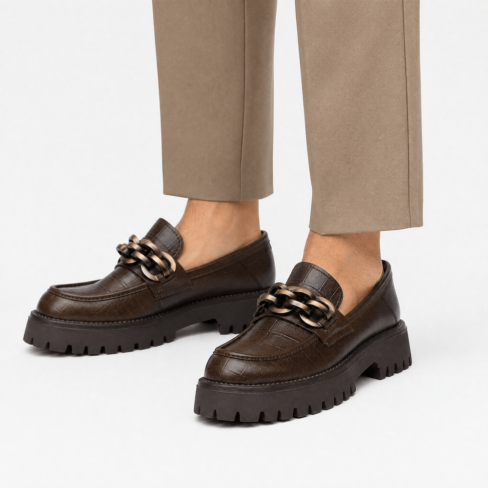 Gentry Morris Women's Brown Croc-Embossed Leather Platform Chain Loafers