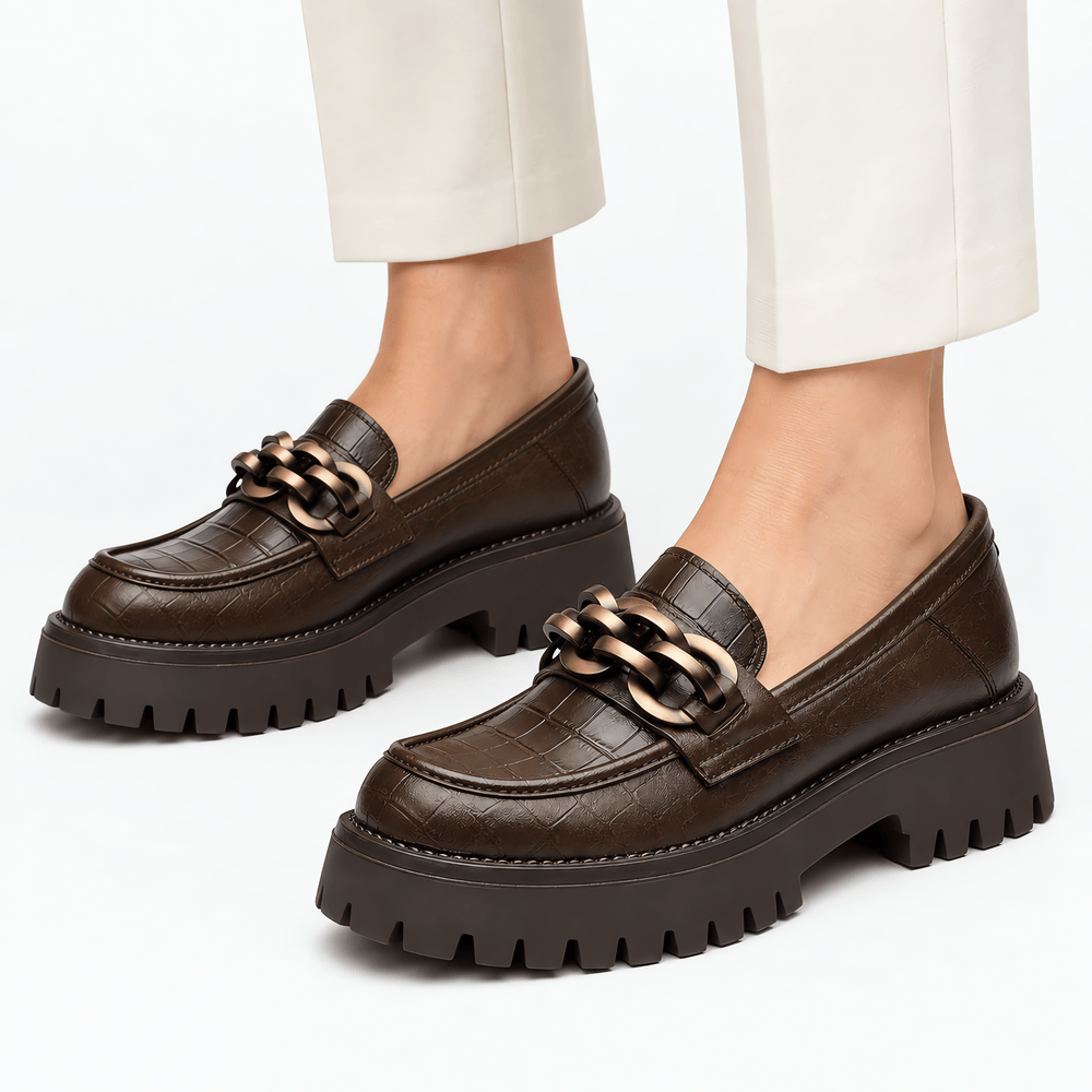 Gentry Morris Women's Brown Croc-Embossed Leather Platform Chain Loafers
