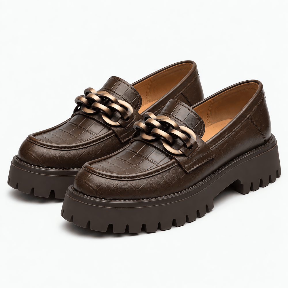 Gentry Morris Women's Brown Croc-Embossed Leather Platform Chain Loafers
