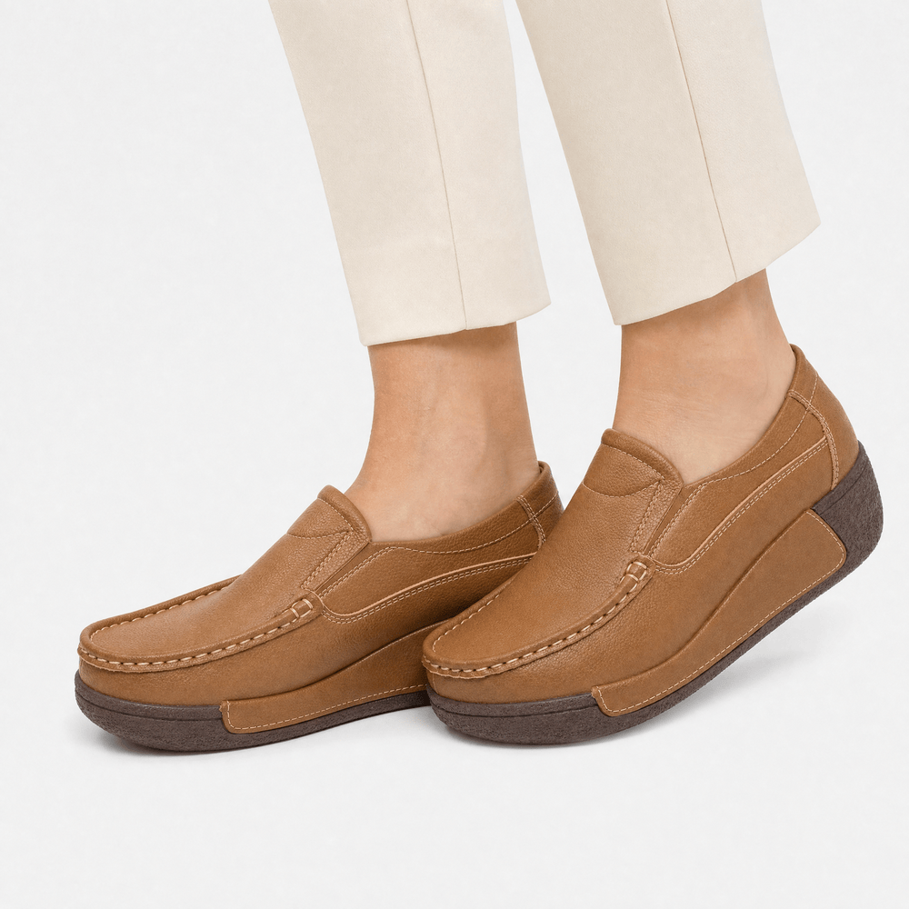 Gentry Morris Women's Brown Genuine Leather Wedge Loafers, Round Toe Slip-On