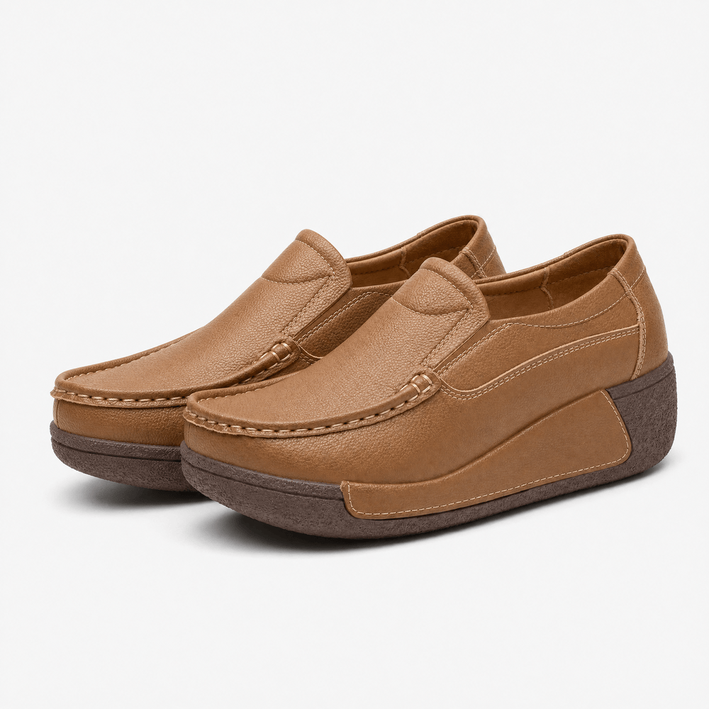 Gentry Morris Women's Brown Genuine Leather Wedge Loafers, Round Toe Slip-On