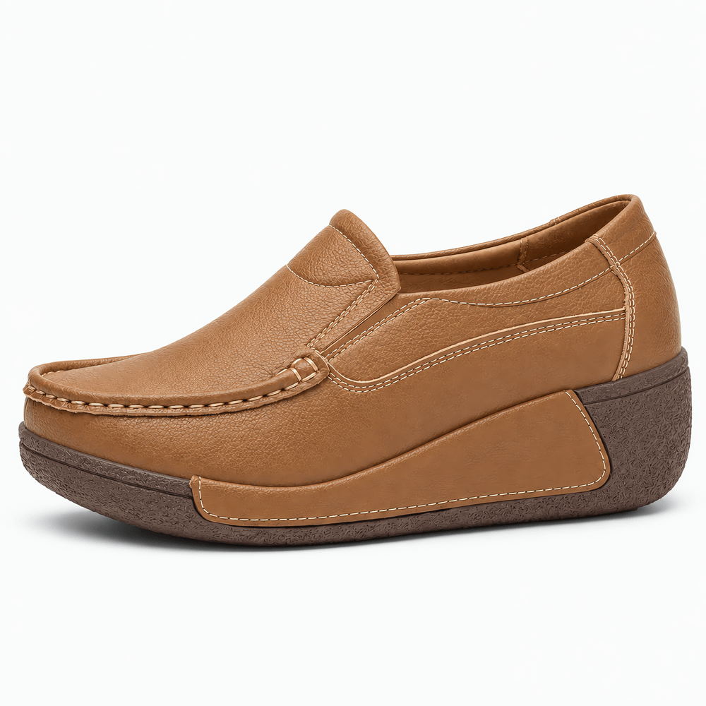 Gentry Morris Women's Brown Genuine Leather Wedge Loafers, Round Toe Slip-On