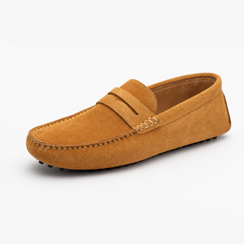 Camel Suede Penny Pebbled Loafers