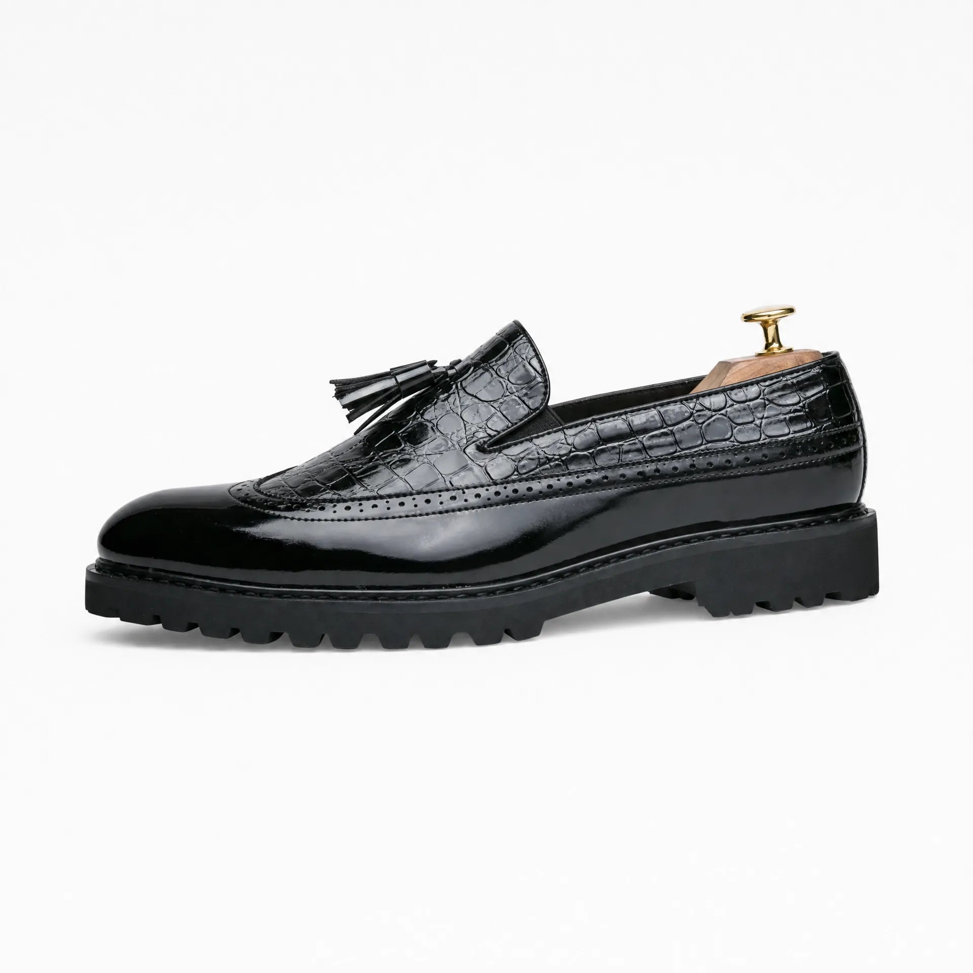 Gentry Morris Platform Tassel Loafers Crocodile Embossed