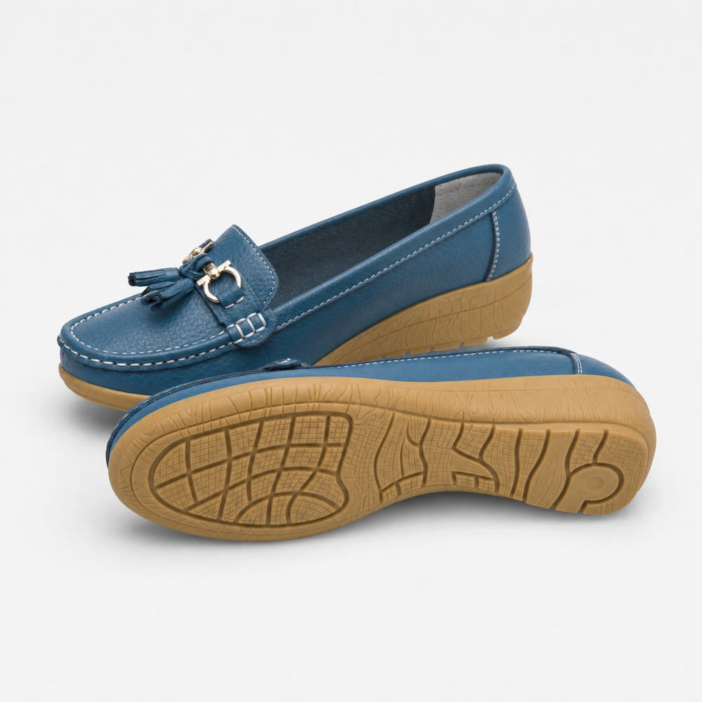Blue Tassel Buckle Wedge Loafers