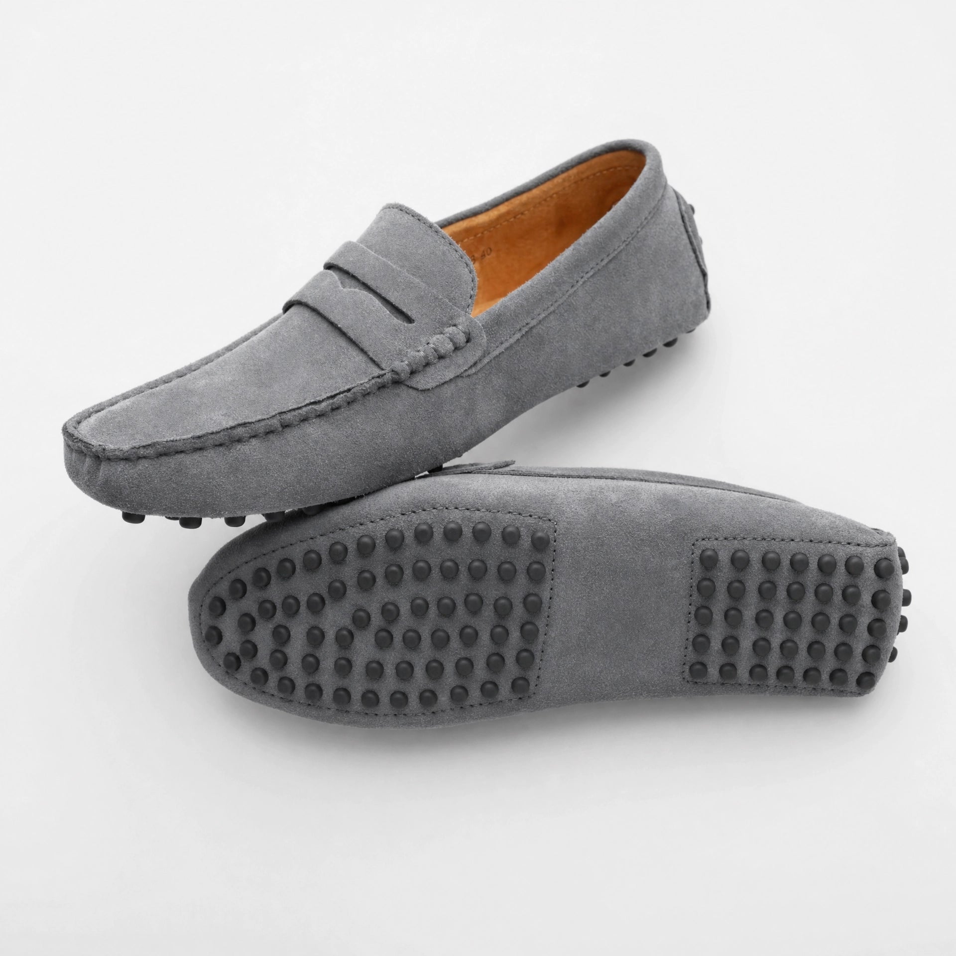 Grey Suede Studded Driving Loafers