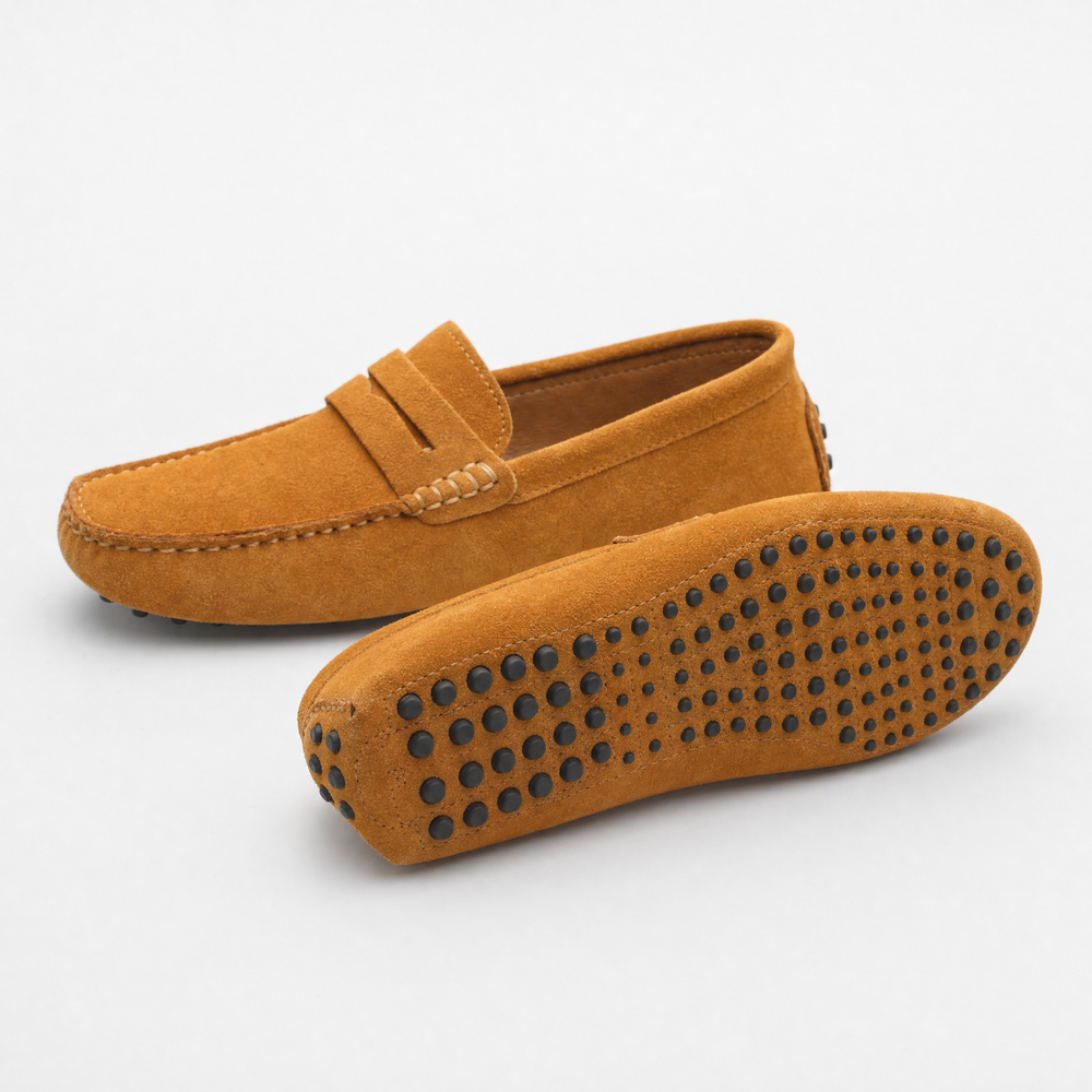 Camel Suede Penny Pebbled Loafers