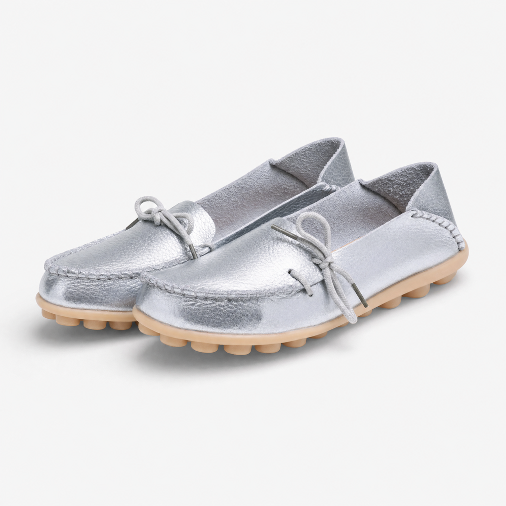 Silver Leather Driving Loafers