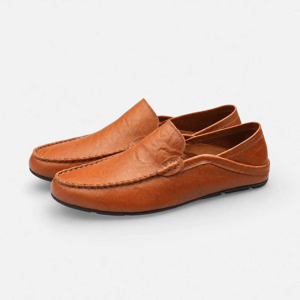 Camel Leather Stitched Loafers