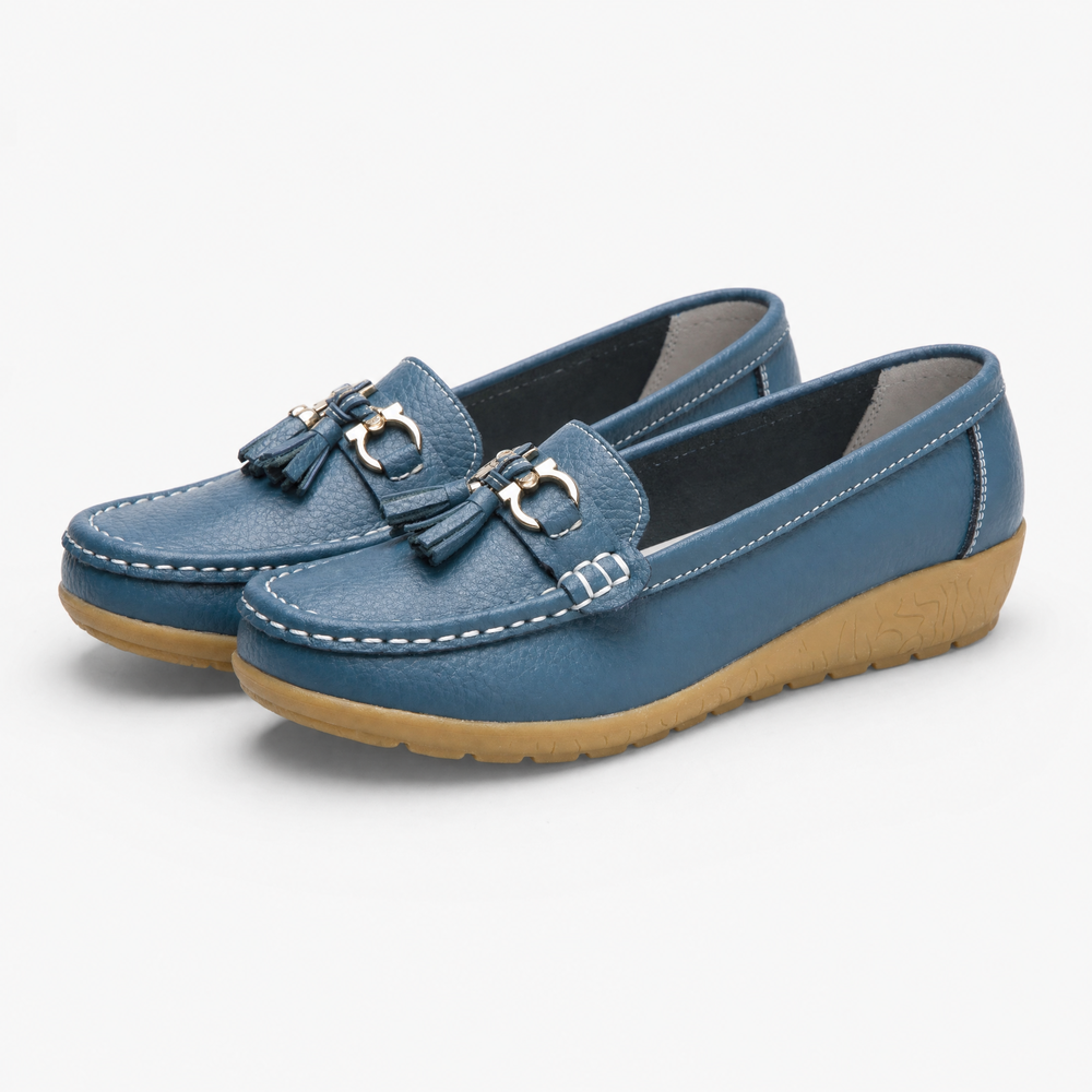 Blue Tassel Buckle Wedge Loafers