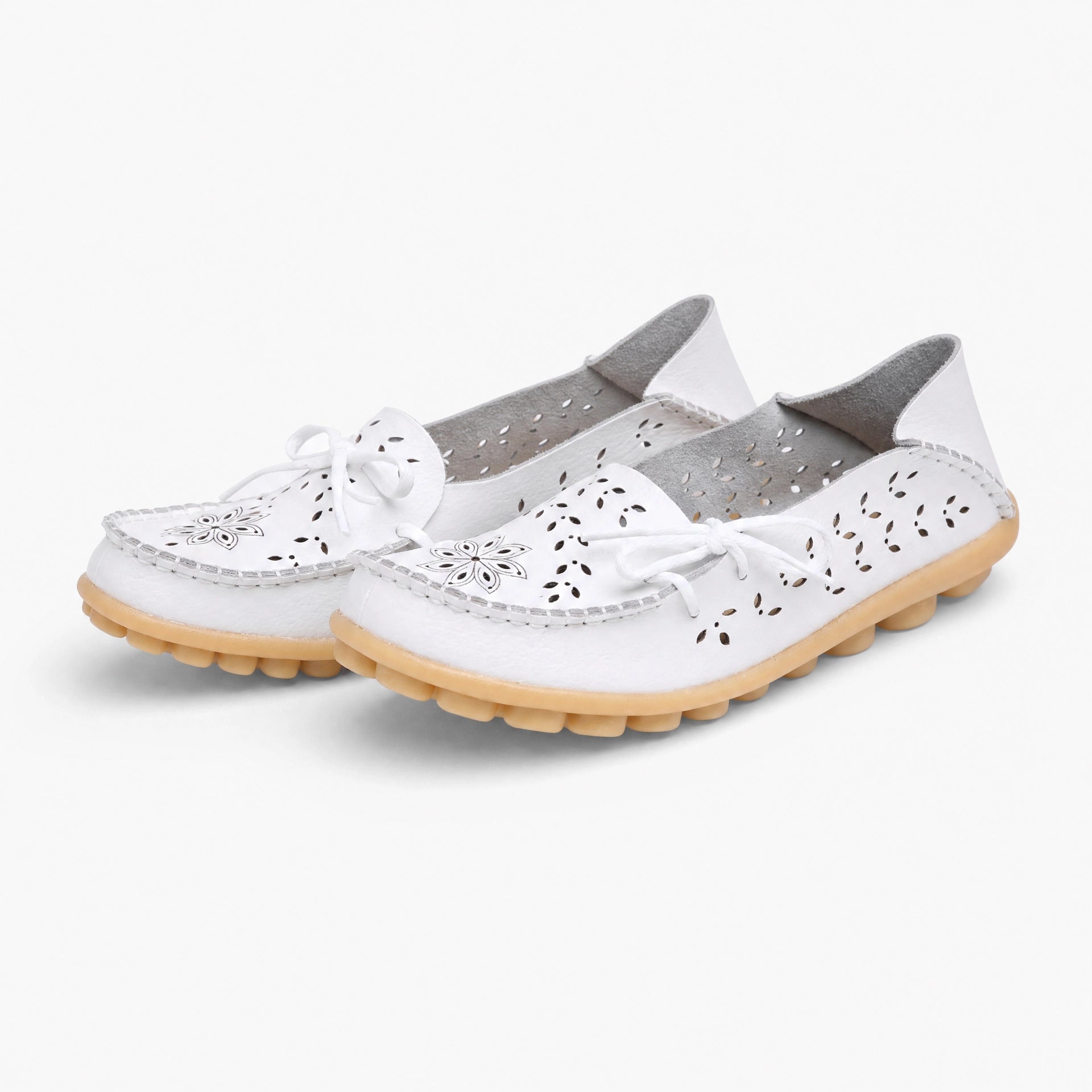 White Perforated Floral Loafers