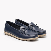 Navy Leather Bow Chunky Loafers