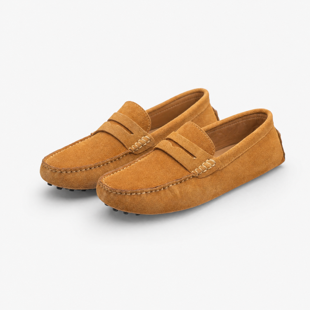 Camel Suede Penny Pebbled Loafers