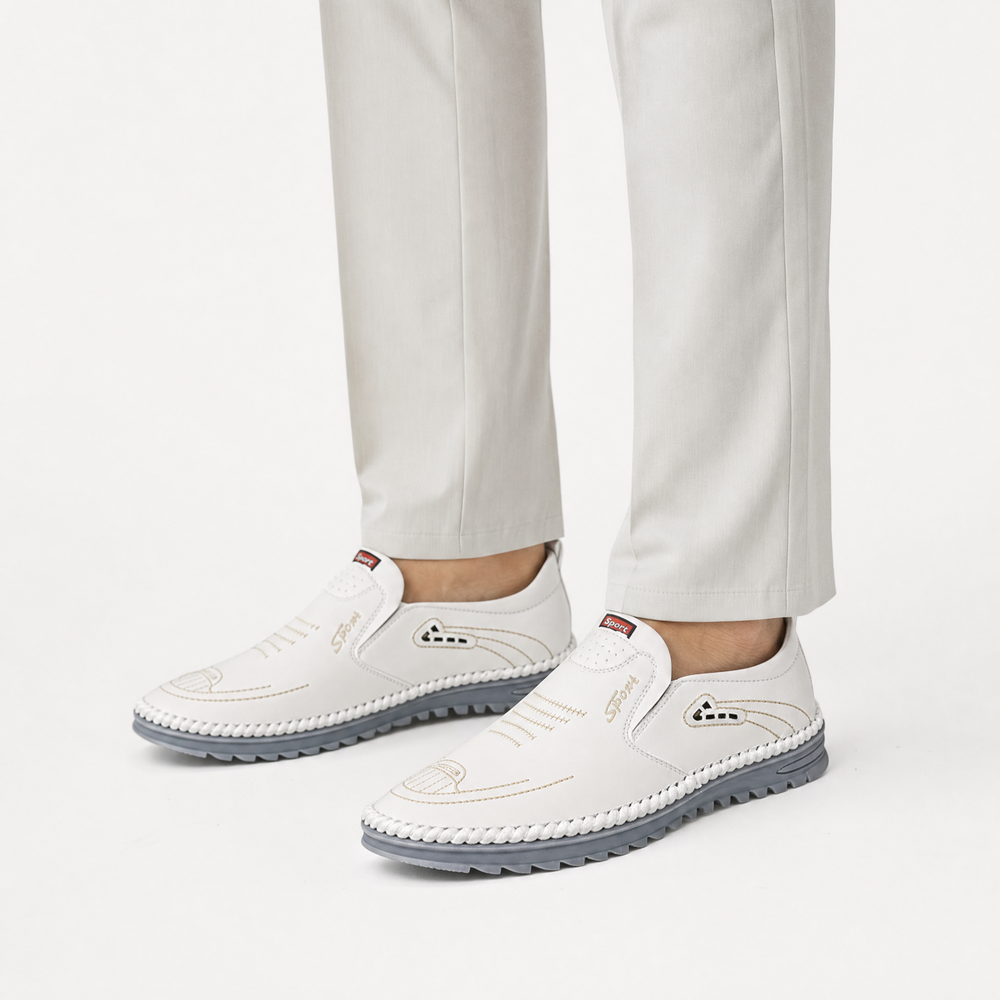 White Leather Grey Sole Loafers