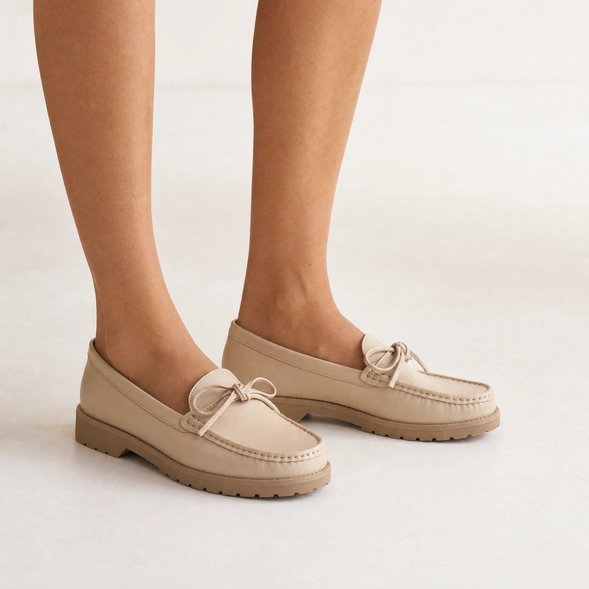 Beige Textured Studded Loafers
