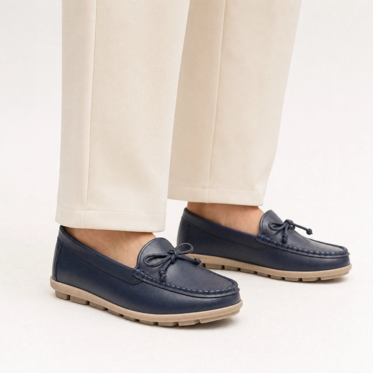 Navy Leather Bow Chunky Loafers
