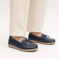Navy Leather Bow Chunky Loafers