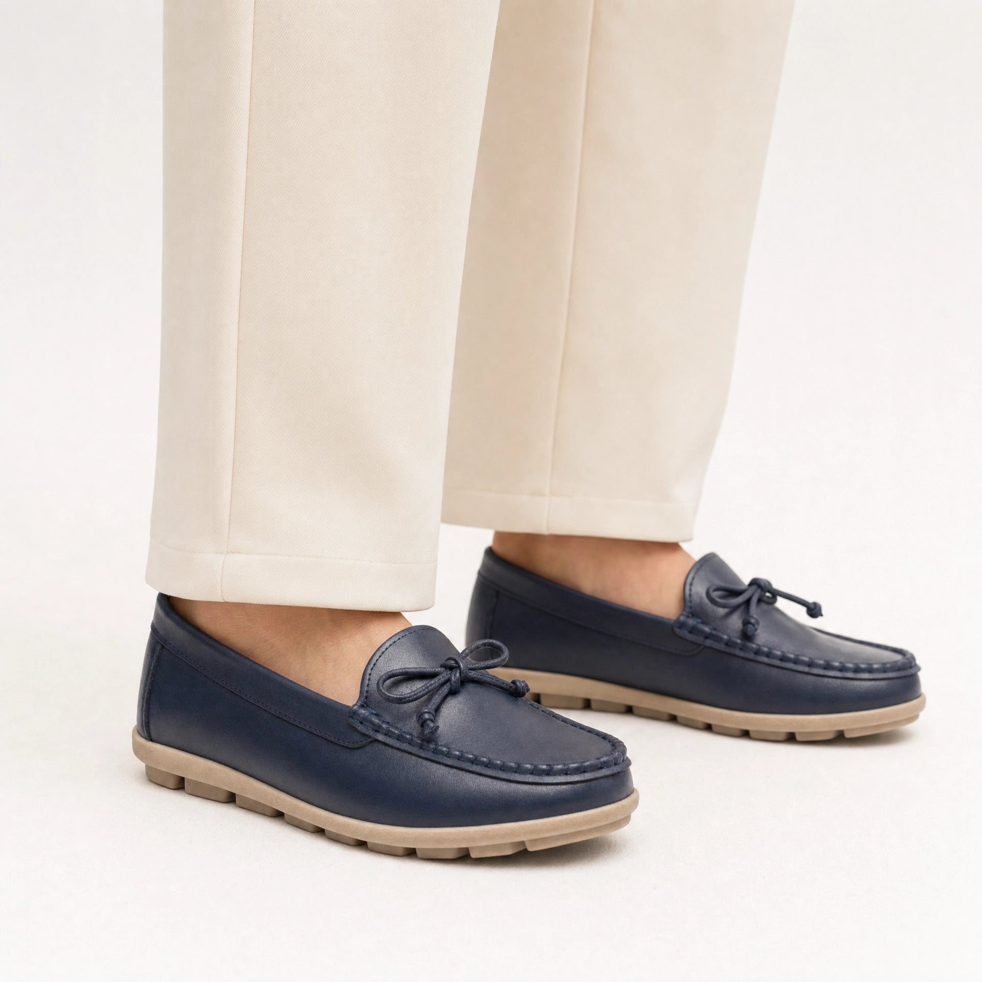 Navy Leather Bow Chunky Loafers