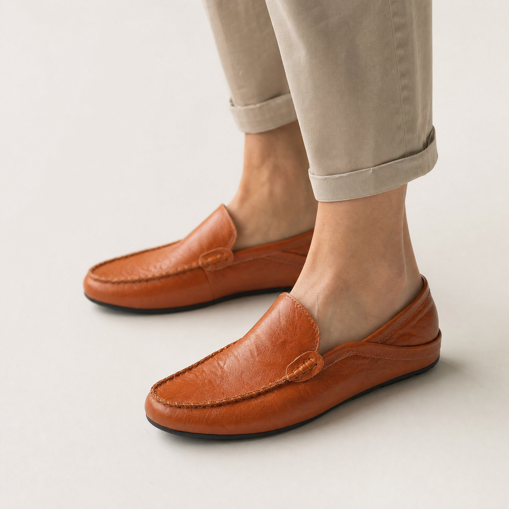 Camel Leather Stitched Loafers