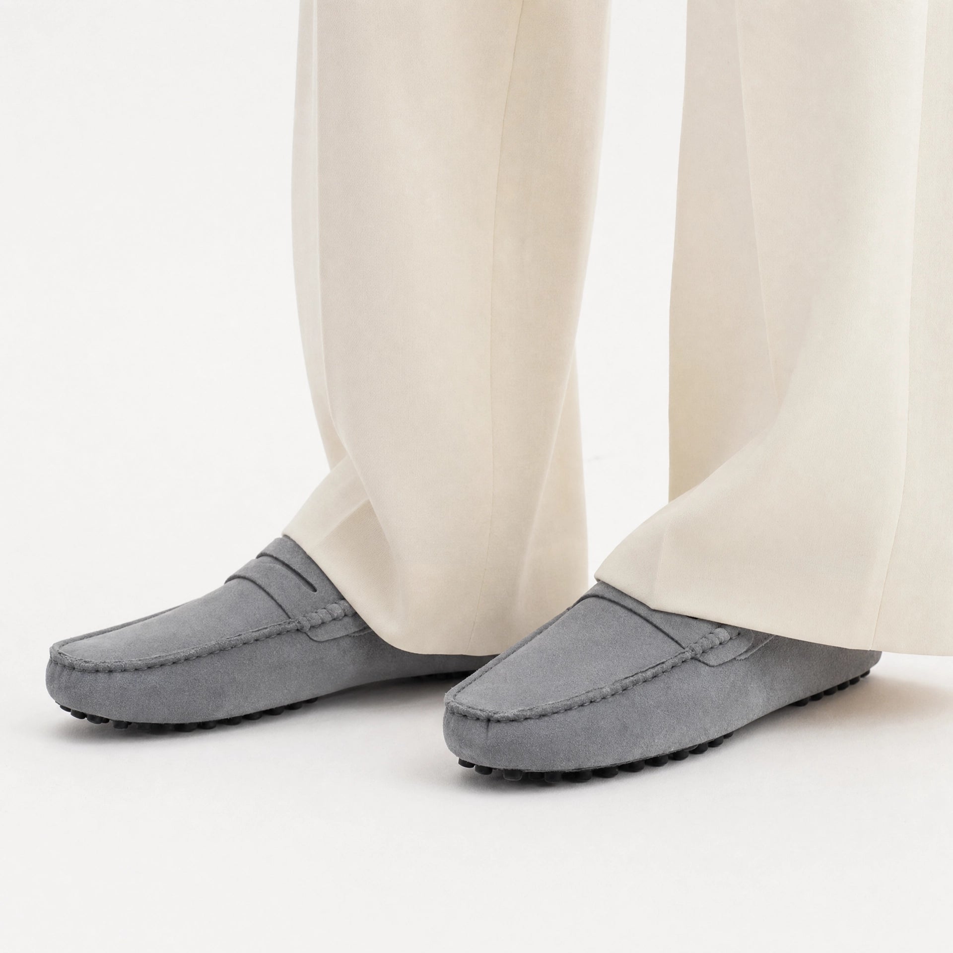 Grey Suede Studded Driving Loafers