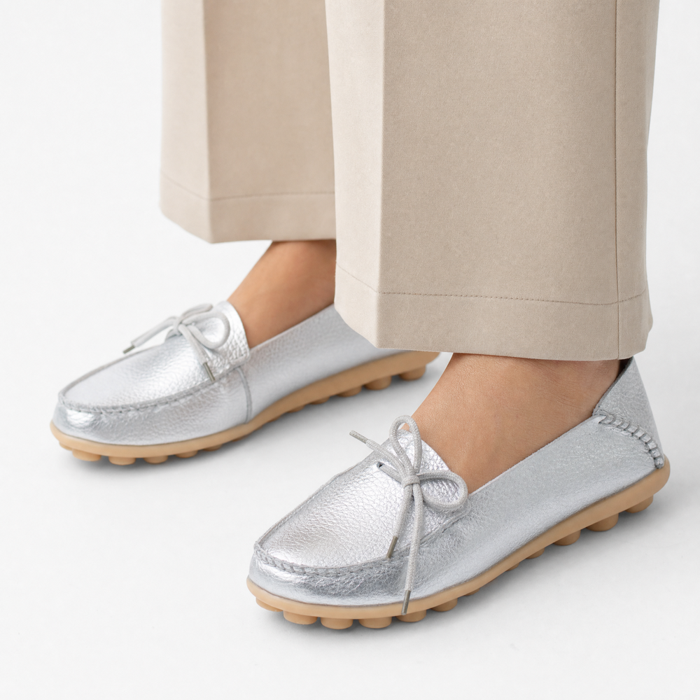 Silver Leather Driving Loafers
