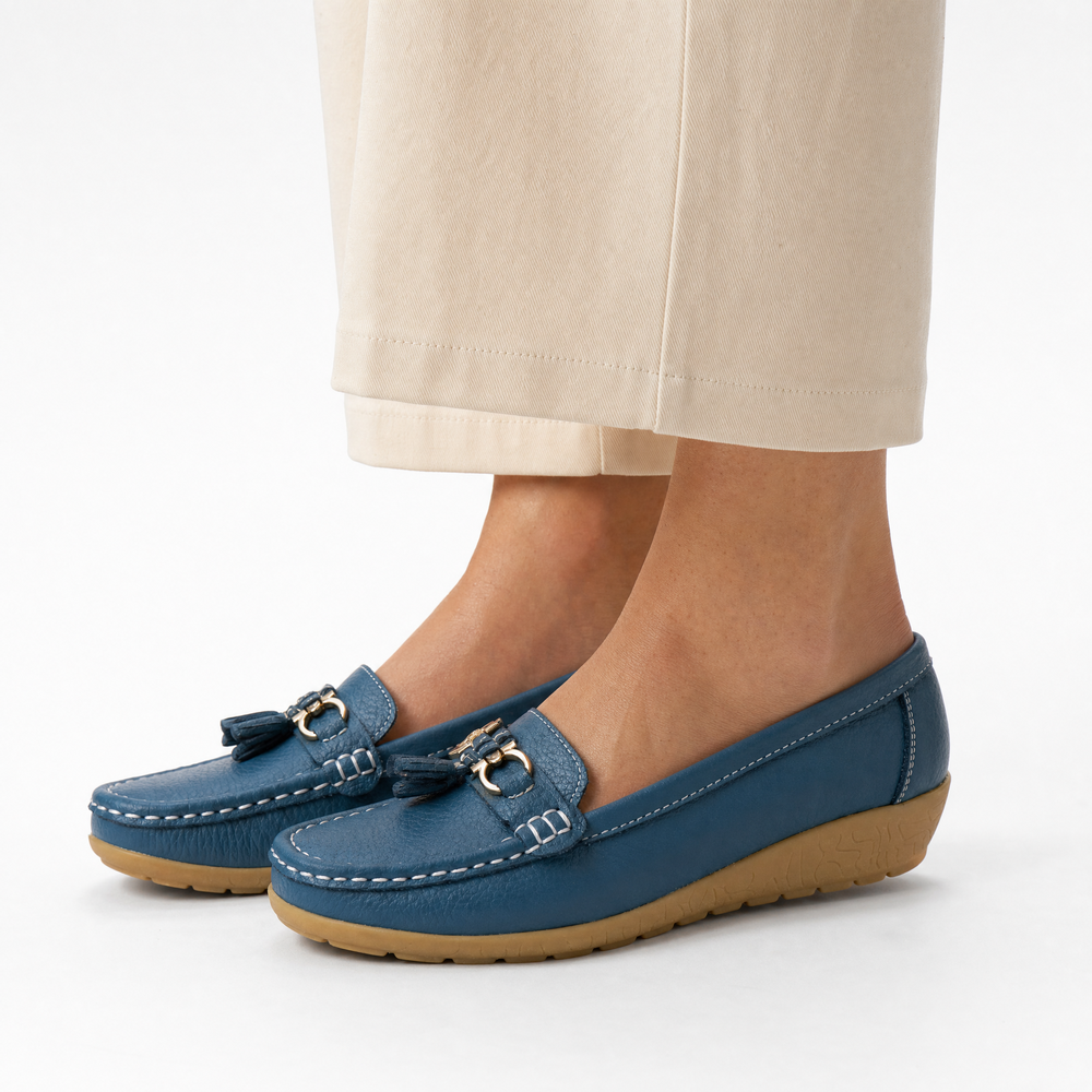 Blue Tassel Buckle Wedge Loafers