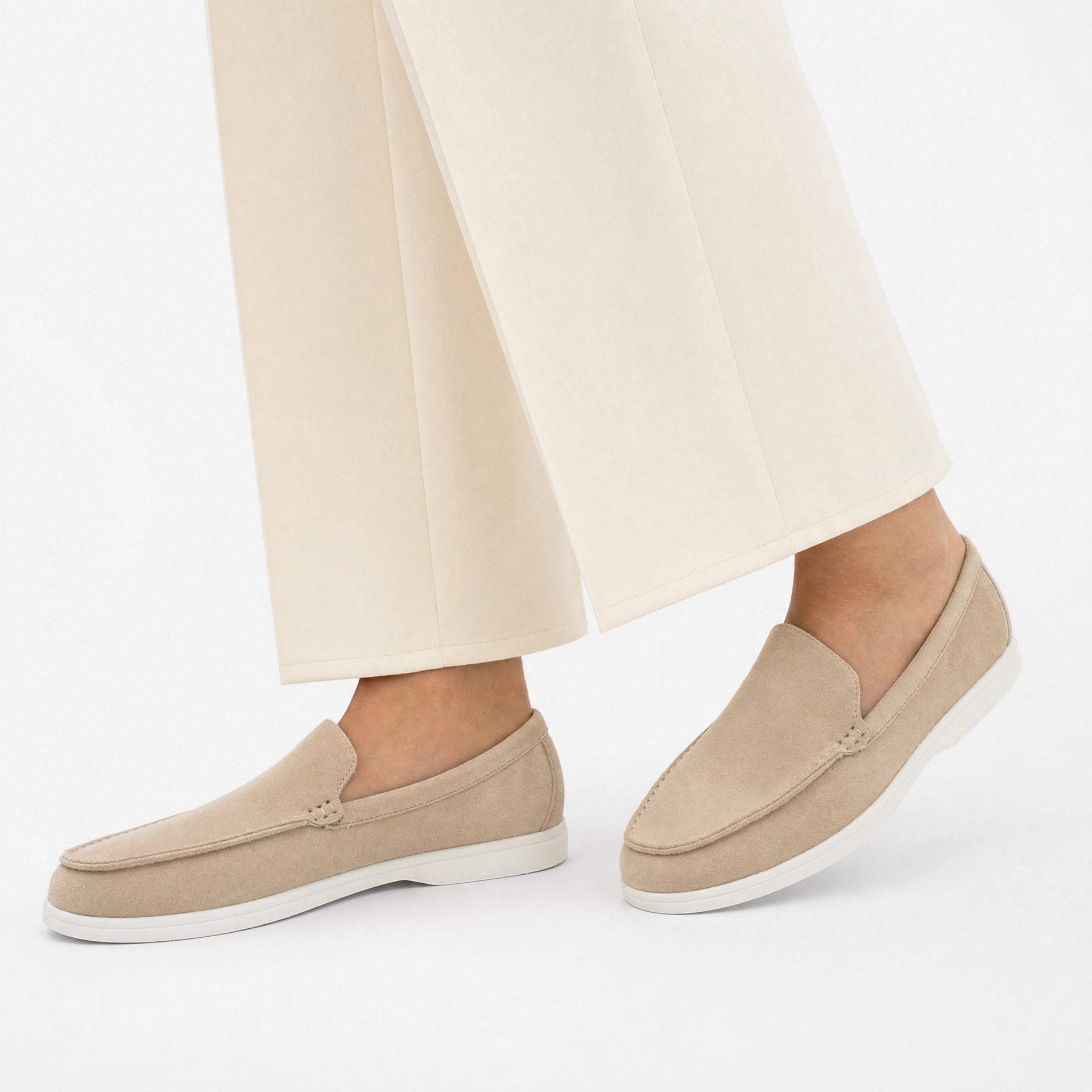 Beige Suede Braided Trim Loafers