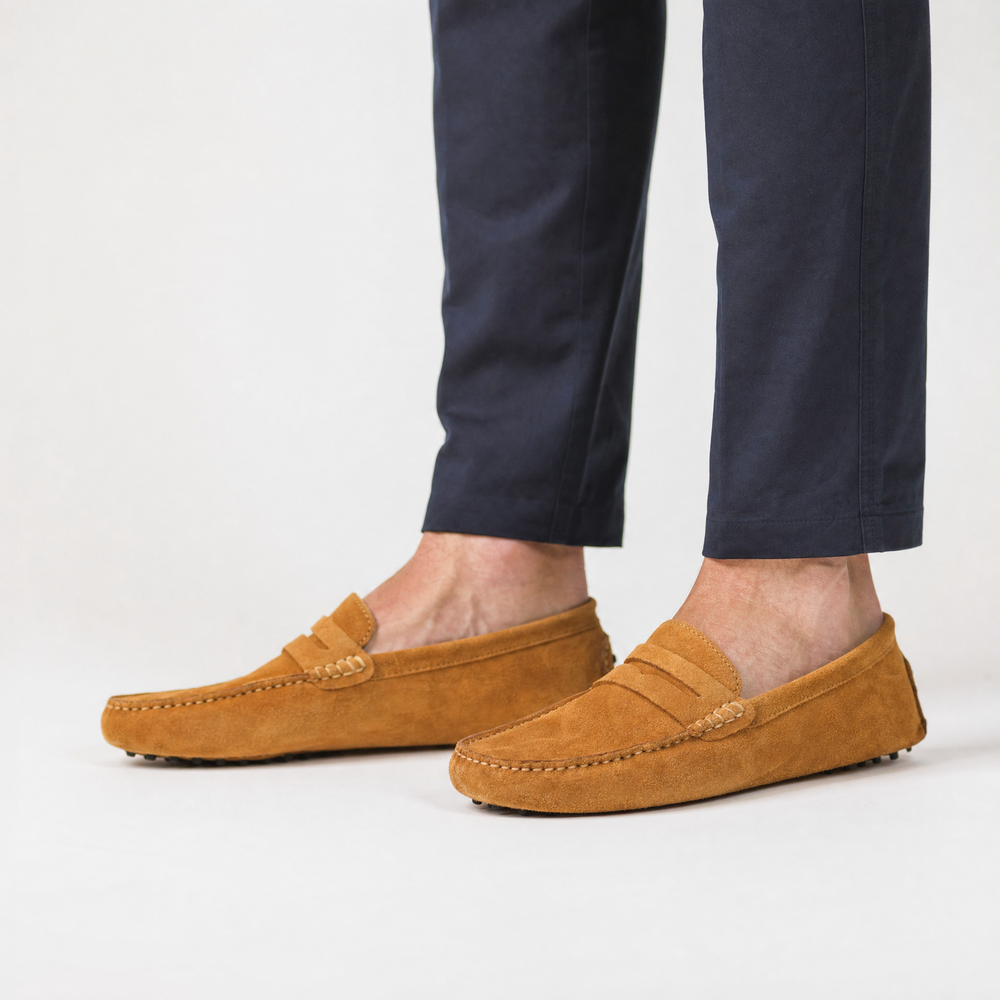 Camel Suede Penny Pebbled Loafers