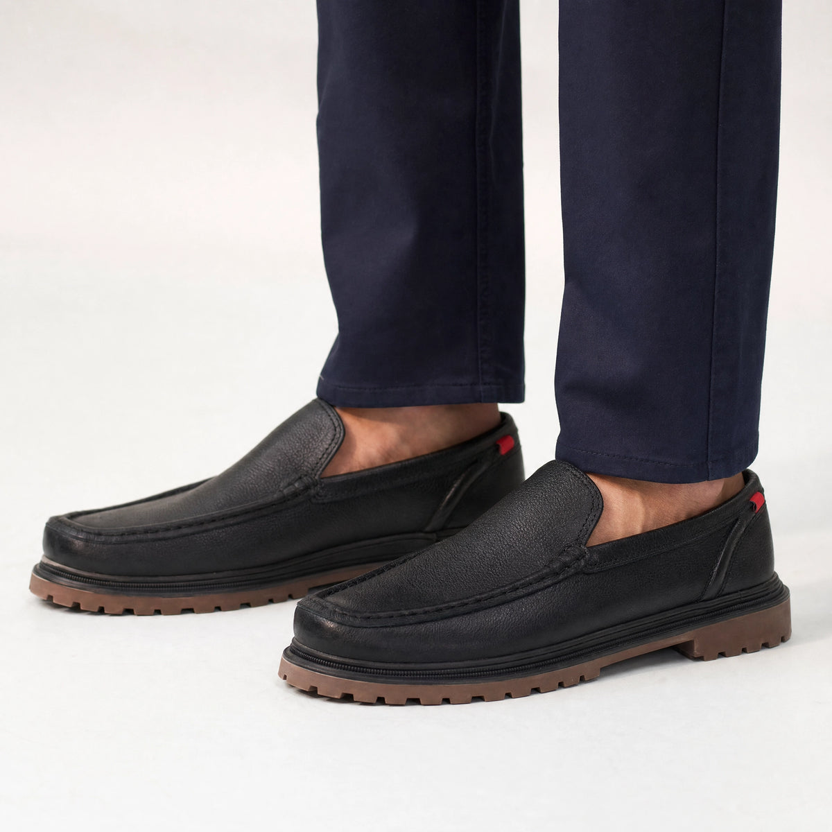 Black Leather Lug Sole Loafers