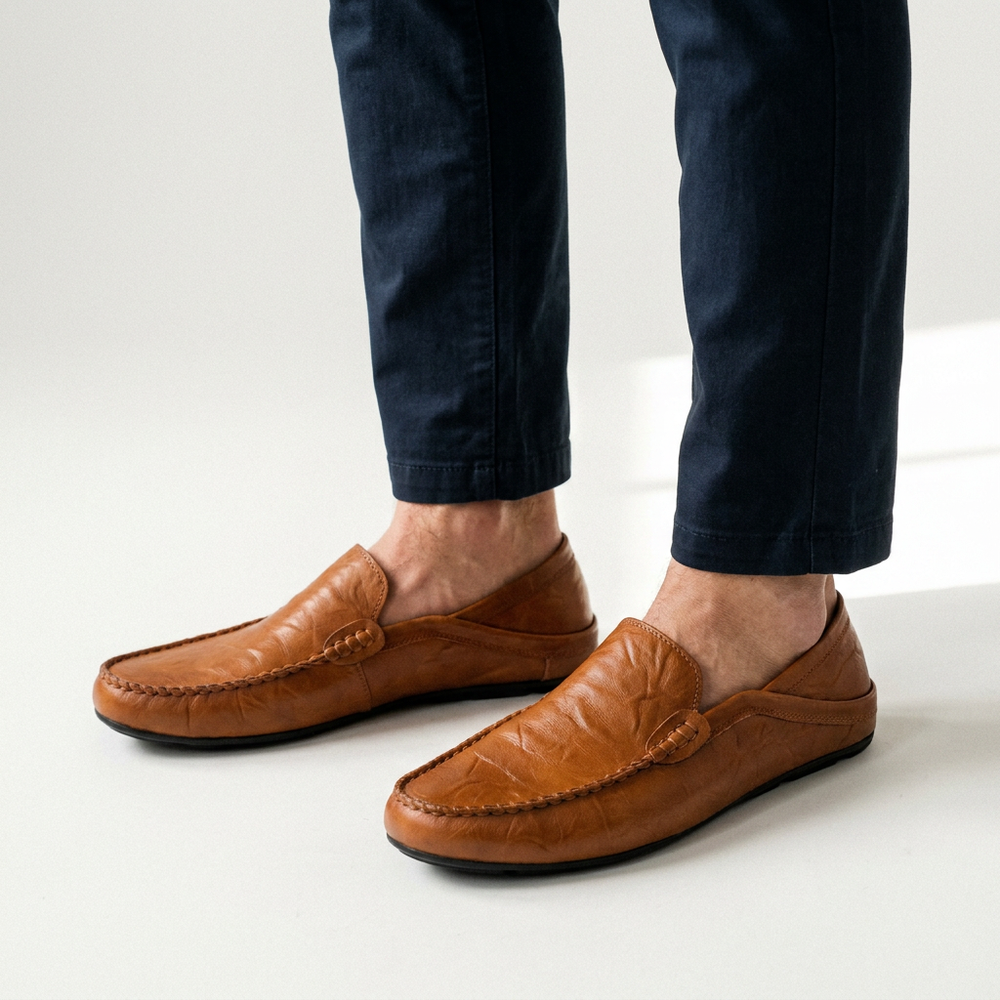 Camel Leather Stitched Loafers