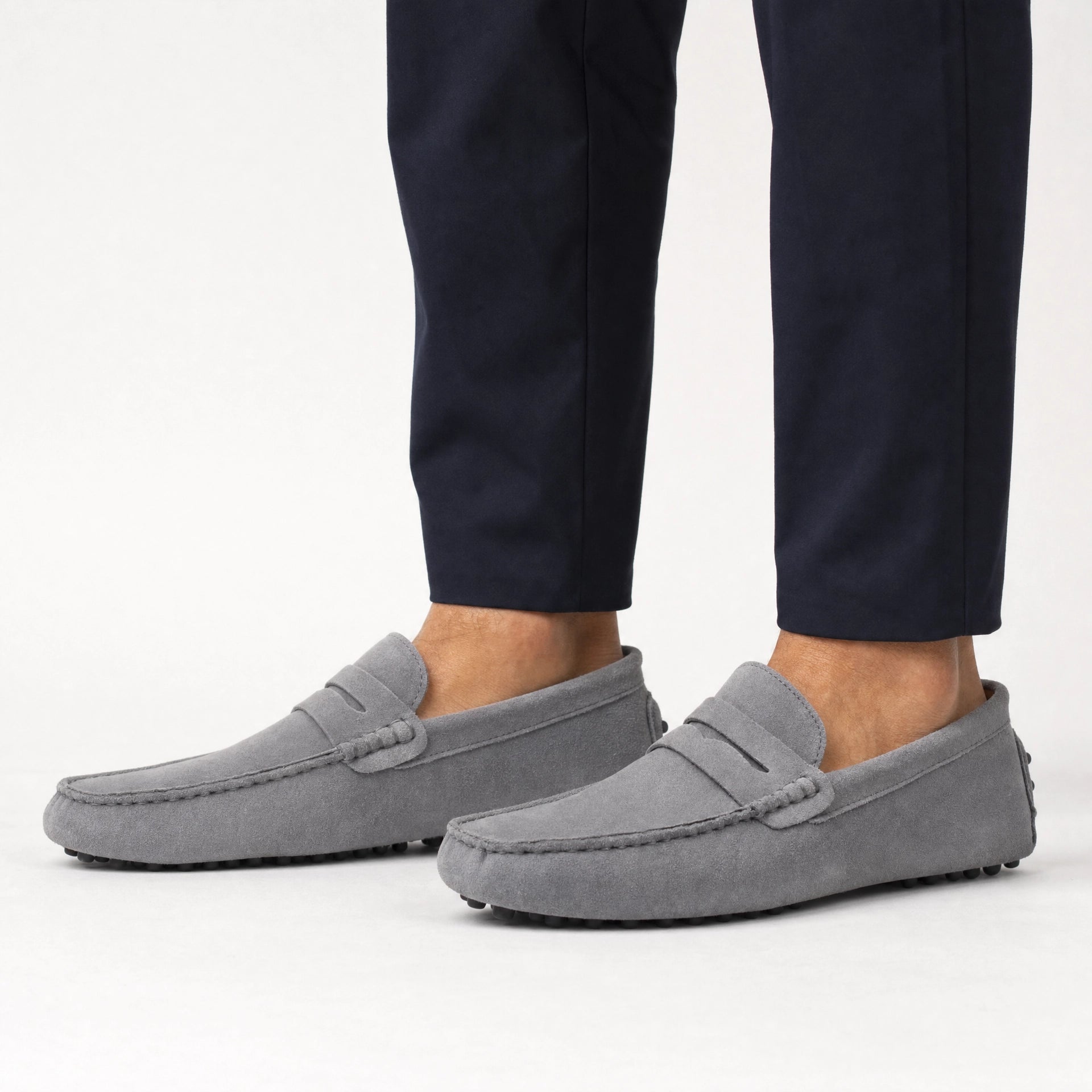Grey Suede Studded Driving Loafers